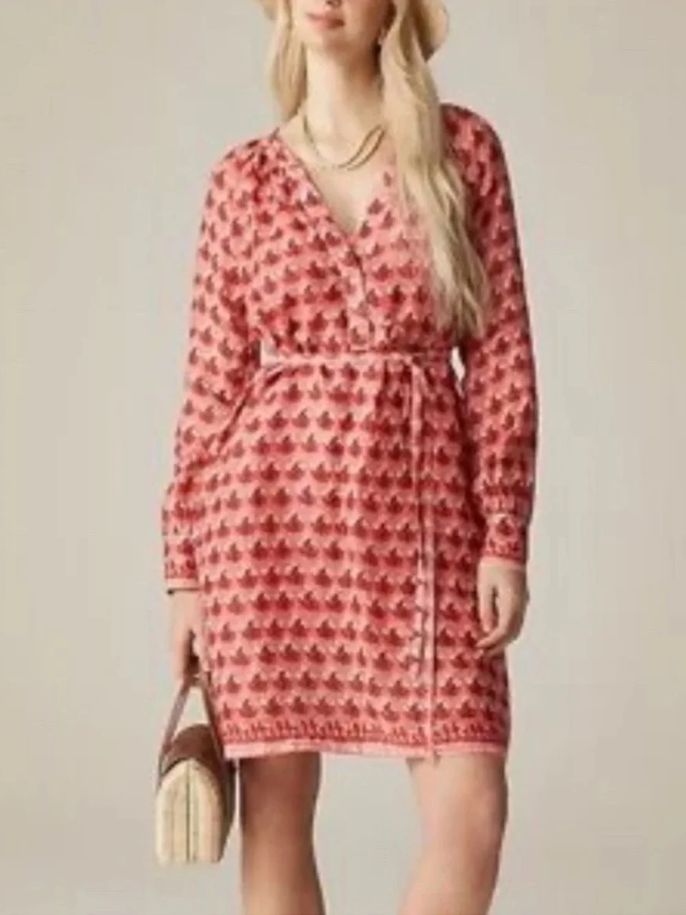 J. Crew Red/Pink Floral Cabana Mini Dress, Long Sleeve, 100% Ramie large
